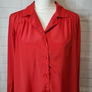 Beautiful Vintage Red Satin Long Sleeve Button Dress Blouse Top womens XL 14 L